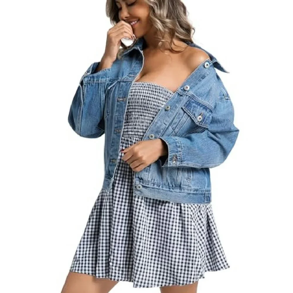 Women's Denim Jacket Loose Relaxed Fit Trucker Jean Jacket with Pockets